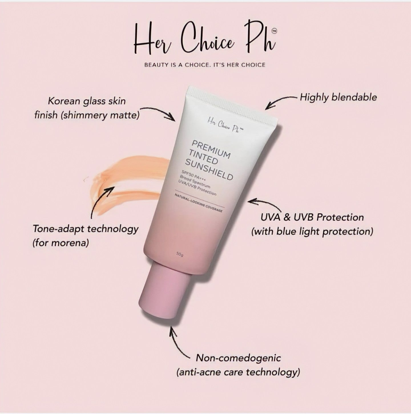 HER CHOICE PH PREMIUM TINTED SUNSHIELD SPF50 PA++ 50G